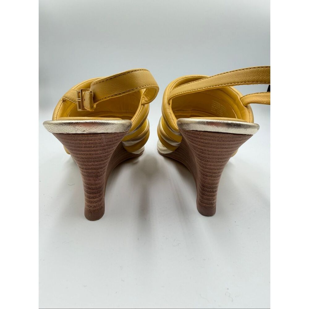 Tory Burch Yellow Metallic Puffy Leather Wedge Sandal Slingback Open Toe Size 9M - Picture 7 of 12